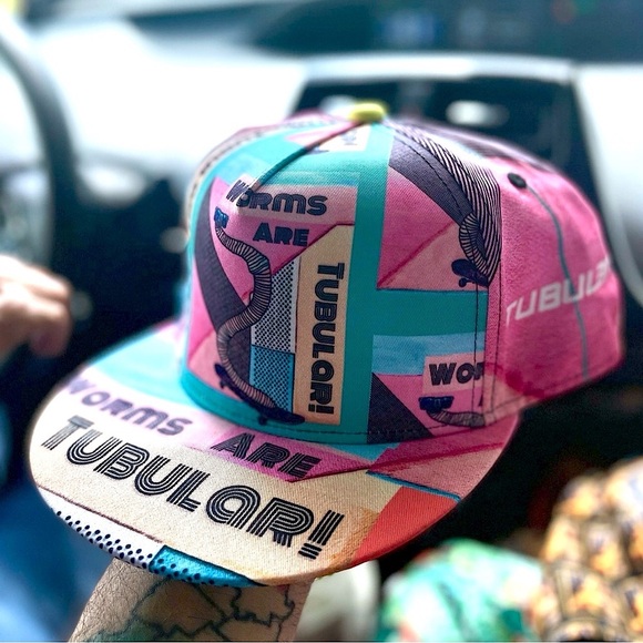 Worms are Tubular Rad Watercolor Skateboarding Worm Pun Dad Joke FlatBill Hat - Picture 4 of 10